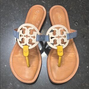 Tory Burch Tan and Yellow Sandals with Blue Accents